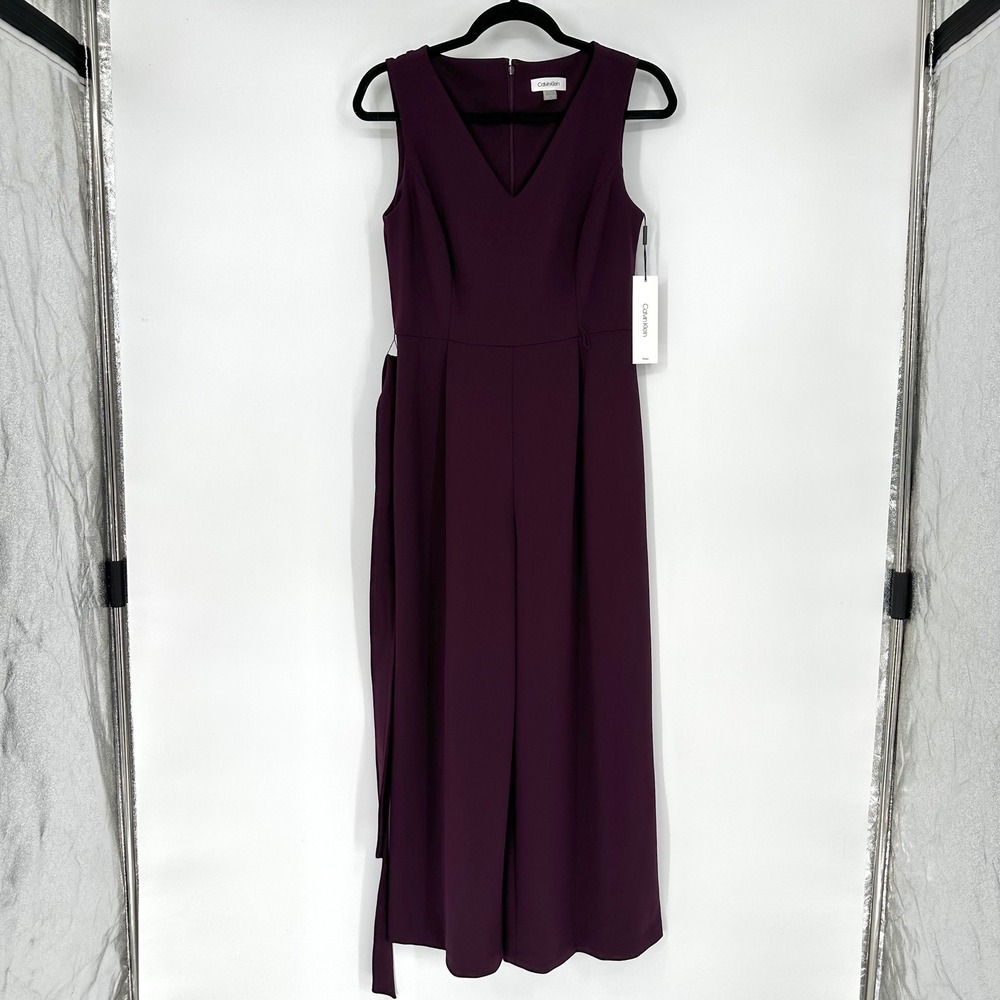 NEW Calvin Klein Purple Plum Pleated Sleeveless Belted Wide Leg Jumpsuit 4